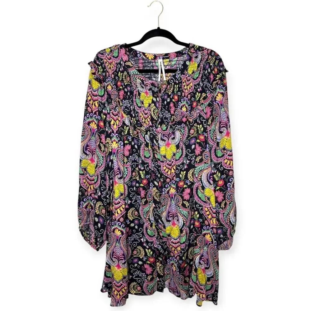 Anthropologie tunic cover up paisley dress long sleeves size XL 100% cotton